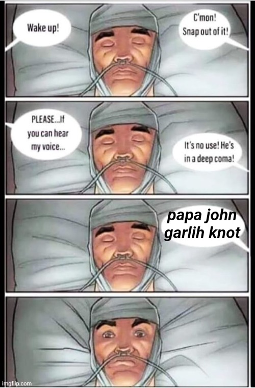 Coma | papa john garlih knot | image tagged in coma | made w/ Imgflip meme maker