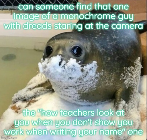 i cant FUCKING find it | can someone find that one image of a monochrome guy with dreads staring at the camera; the "how teachers look at you when you don't show you work when writing your name" one | image tagged in la cocaina | made w/ Imgflip meme maker