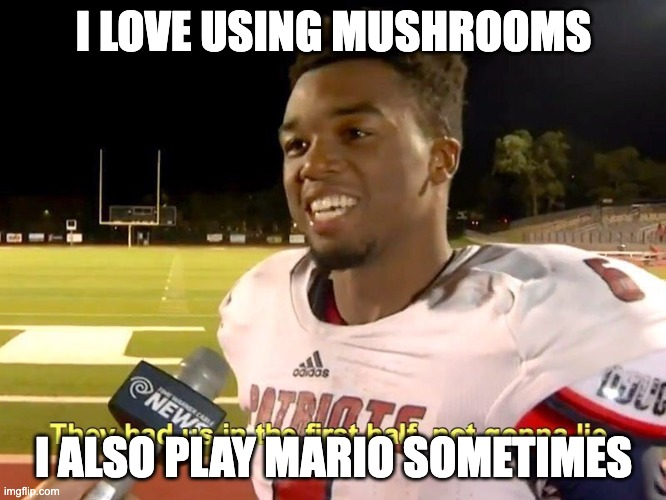 They had us in the first half | I LOVE USING MUSHROOMS; I ALSO PLAY MARIO SOMETIMES | image tagged in they had us in the first half | made w/ Imgflip meme maker