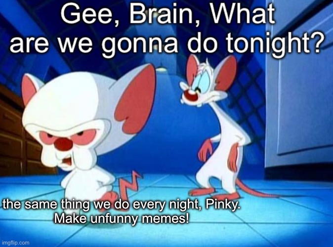 use this template | the same thing we do every night, Pinky.

Make unfunny memes! | image tagged in gee brain | made w/ Imgflip meme maker