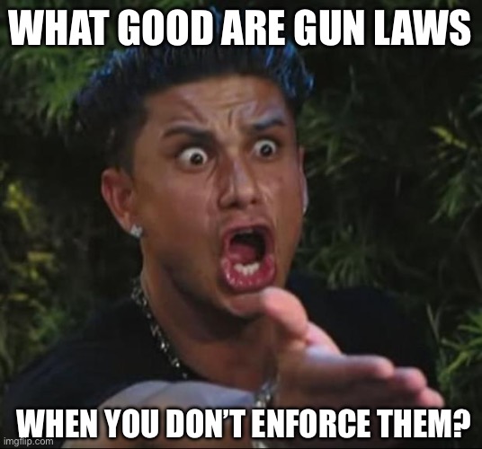 DJ Pauly D Meme | WHAT GOOD ARE GUN LAWS WHEN YOU DON’T ENFORCE THEM? | image tagged in memes,dj pauly d | made w/ Imgflip meme maker