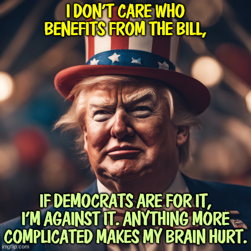 I DON'T CARE WHO BENEFITS FROM THE BILL, IF DEMOCRATS ARE FOR IT, I'M AGAINST IT. ANYTHING MORE COMPLICATED MAKES MY BRAIN HURT. | image tagged in trump,weak,fool,idiot,frontotemporal dementia,democrats | made w/ Imgflip meme maker
