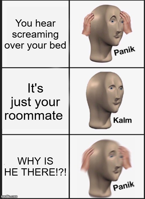 Panik Kalm Panik | You hear screaming over your bed; It's just your roommate; WHY IS HE THERE!?! | image tagged in memes,panik kalm panik | made w/ Imgflip meme maker