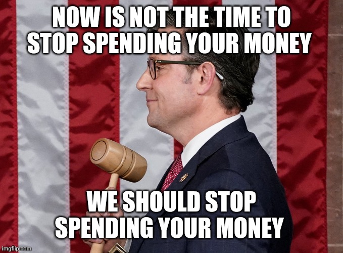 Pre-DOGE Government Spending Billl | NOW IS NOT THE TIME TO STOP SPENDING YOUR MONEY; WE SHOULD STOP SPENDING YOUR MONEY | image tagged in mike johnson,heroin dealers | made w/ Imgflip meme maker