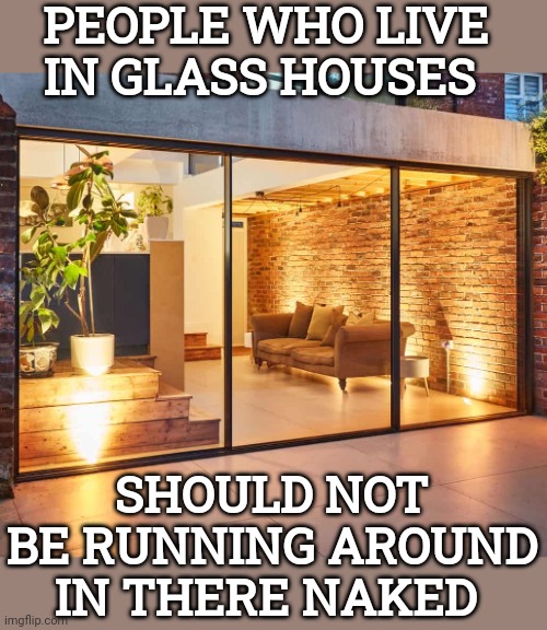 Check yourself, before you wreck yourself. | PEOPLE WHO LIVE IN GLASS HOUSES; SHOULD NOT BE RUNNING AROUND IN THERE NAKED | image tagged in people,naked,glass,house | made w/ Imgflip meme maker