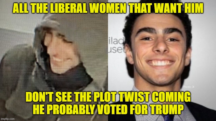 Plot twist | ALL THE LIBERAL WOMEN THAT WANT HIM; DON'T SEE THE PLOT TWIST COMING
HE PROBABLY VOTED FOR TRUMP | image tagged in luigi,murder,maga,ceo,make america great again,trump | made w/ Imgflip meme maker