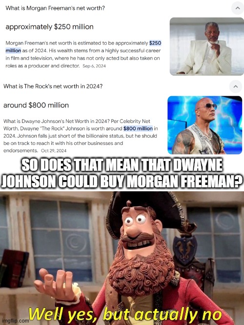 Morgan ain't gonna be a Freeman after this >badum (racist) crash< | SO DOES THAT MEAN THAT DWAYNE JOHNSON COULD BUY MORGAN FREEMAN? | image tagged in nsfw,racist,lol so funny,dark humor,teehee | made w/ Imgflip meme maker