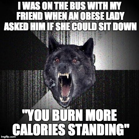 Insanity Wolf Meme | I WAS ON THE BUS WITH MY FRIEND WHEN AN OBESE LADY ASKED HIM IF SHE COULD SIT DOWN "YOU BURN MORE CALORIES STANDING" | image tagged in memes,insanity wolf,AdviceAnimals | made w/ Imgflip meme maker