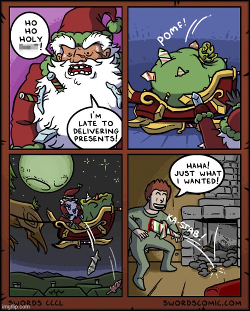 image tagged in swords,christmas,santa,santa claus,presents,stab | made w/ Imgflip meme maker