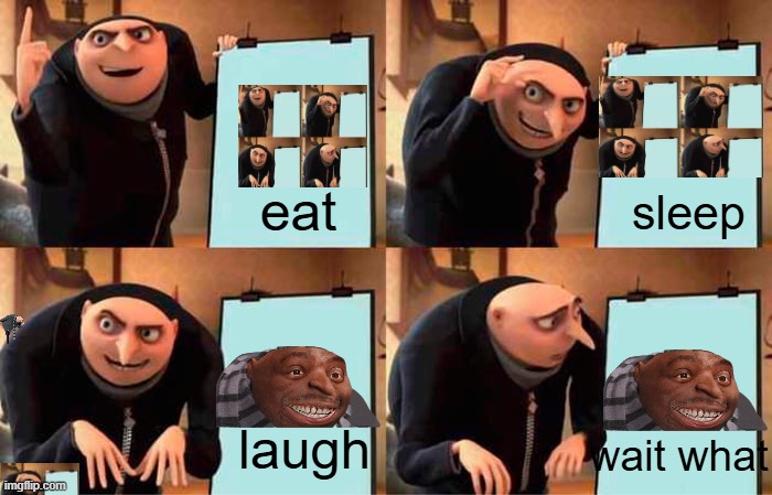 what | eat; sleep; laugh; wait what | image tagged in memes,gru's plan | made w/ Imgflip meme maker