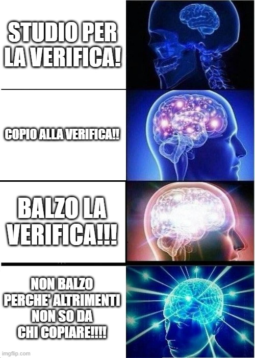 verifica di fisica | STUDIO PER LA VERIFICA! COPIO ALLA VERIFICA!! BALZO LA VERIFICA!!! NON BALZO PERCHE' ALTRIMENTI NON SO DA CHI COPIARE!!!! | image tagged in memes,expanding brain | made w/ Imgflip meme maker