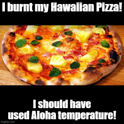 Aloha Temperature | I burnt my Hawaiian Pizza! I should have used Aloha temperature! | image tagged in black square,hawaiian,pizza,pun | made w/ Imgflip meme maker