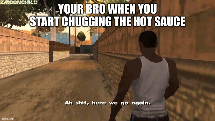 Here we go again | YOUR BRO WHEN YOU START CHUGGING THE HOT SAUCE | image tagged in here we go again | made w/ Imgflip meme maker