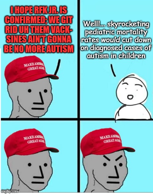 "If it's really about protecting children... -just sayin'" *OR* "Unintended consequences" *OR*  "Ever squeezed a balloon?" *OR* | I HOPE RFK JR. IS
CONFIRMED; WE GIT
RID UH THEM VACK-
SINES AIN'T GONNA
BE NO MORE AUTISM; Welll... skyrocketing
pediatric mortality
rates           cut down
on diagnosed cases of
autism in children; would | image tagged in maga npc room for more text,that's not how any of this works,autism,vaccines | made w/ Imgflip meme maker