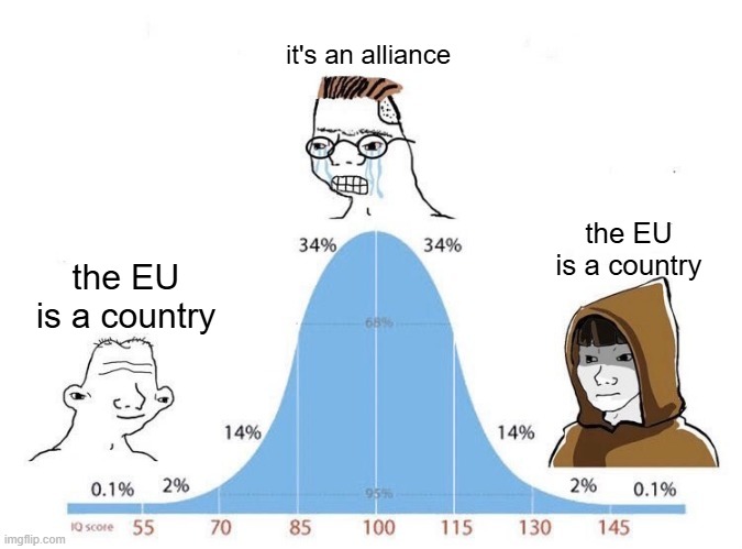 Bell Curve | it's an alliance; the EU is a country; the EU is a country | image tagged in bell curve | made w/ Imgflip meme maker