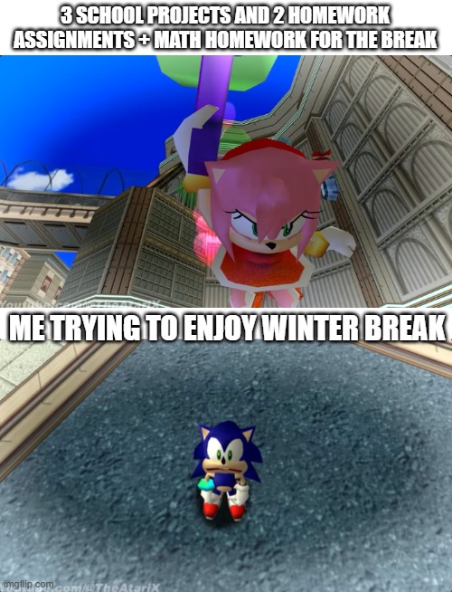 I know some of you have it worse, my projects aren't that big anyway | 3 SCHOOL PROJECTS AND 2 HOMEWORK ASSIGNMENTS + MATH HOMEWORK FOR THE BREAK; ME TRYING TO ENJOY WINTER BREAK | image tagged in school,sonic the hedgehog,youtube | made w/ Imgflip meme maker