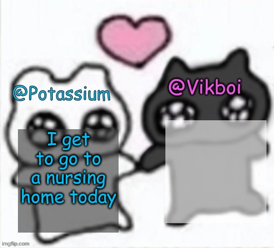 Potassium and Vikboi shared announcement template | I get to go to a nursing home today | image tagged in potassium and vikboi shared announcement template | made w/ Imgflip meme maker