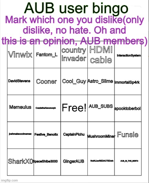 AUB user bingo Blank Meme Template
