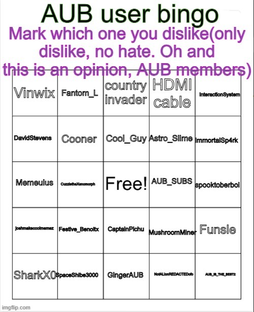 Only a dislike, no hate | image tagged in aub user bingo,msmg,memes,new template,bingo | made w/ Imgflip meme maker