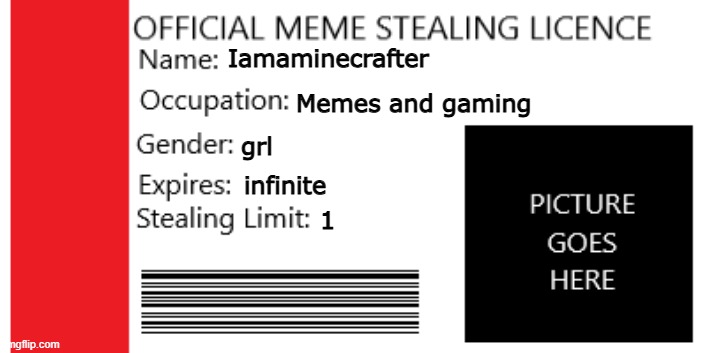 Phoenix note: I can't figure out if an indefinite licence is legal. | Iamaminecrafter; Memes and gaming; grl; infinite; 1 | image tagged in 2021 meme stealing licence edited | made w/ Imgflip meme maker