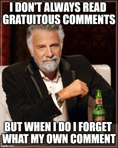 The Most Interesting Man In The World Meme | I DON'T ALWAYS READ 
GRATUITOUS COMMENTS BUT WHEN I DO I FORGET 
WHAT MY OWN COMMENT | image tagged in memes,the most interesting man in the world | made w/ Imgflip meme maker