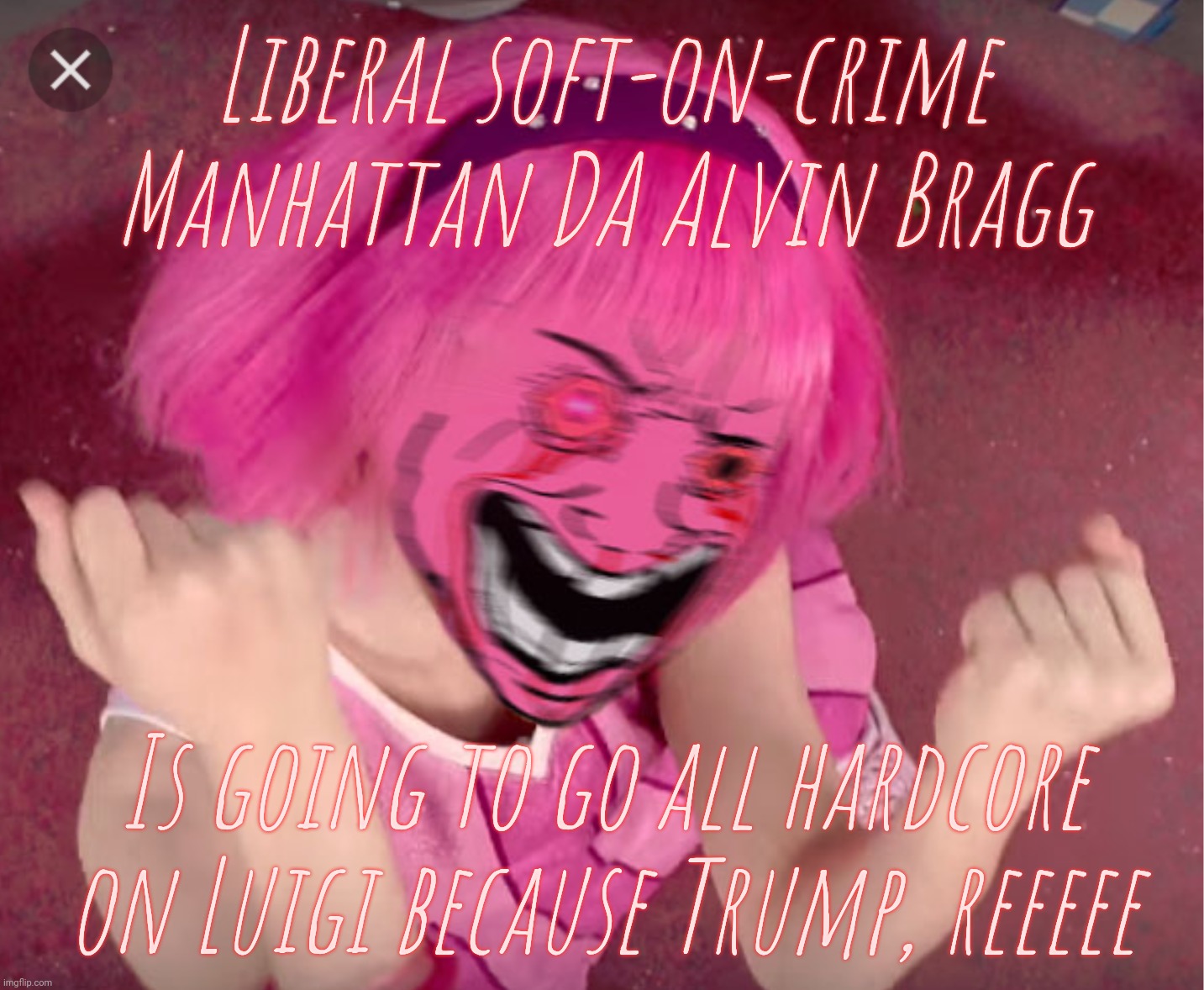 Mayor Eric Adams. DA Alvin Bragg. What next for MAGAt love, Bill DeBlasio? | Liberal soft-on-crime Manhattan DA Alvin Bragg; Is going to go all hardcore on Luigi because Trump, reeeee | image tagged in pink wojak gal mad,manhattan da alvin bragg,alvin bragg,luigi mangione,magat love,conservative hypocrisy | made w/ Imgflip meme maker