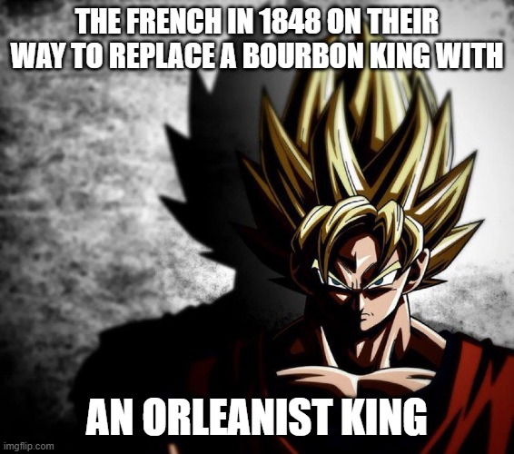 Goku stare | THE FRENCH IN 1848 ON THEIR WAY TO REPLACE A BOURBON KING WITH AN ORLEANIST KING | image tagged in goku stare | made w/ Imgflip meme maker