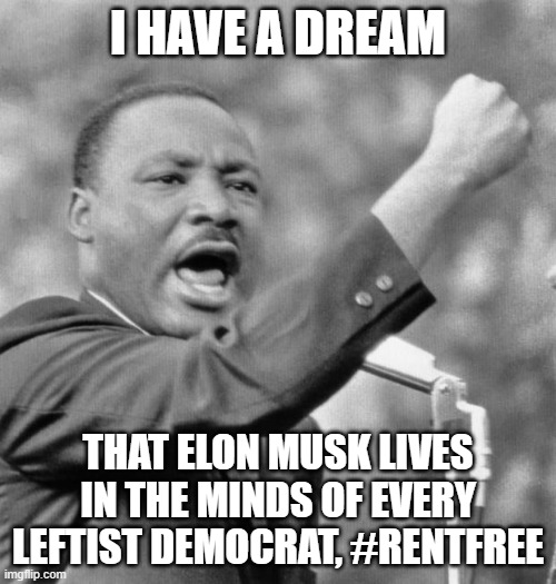 Elon Musk Rent Free | I HAVE A DREAM; THAT ELON MUSK LIVES IN THE MINDS OF EVERY LEFTIST DEMOCRAT, #RENTFREE | image tagged in i have a dream | made w/ Imgflip meme maker