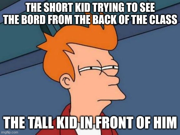 Futurama Fry | THE SHORT KID TRYING TO SEE THE BORD FROM THE BACK OF THE CLASS; THE TALL KID IN FRONT OF HIM | image tagged in memes,futurama fry | made w/ Imgflip meme maker