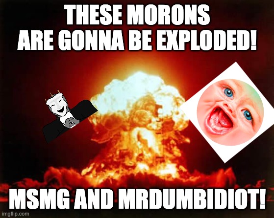 Two idiots (MSMG, MrDumbIdiot) are getting exploded! | THESE MORONS ARE GONNA BE EXPLODED! MSMG AND MRDUMBIDIOT! | image tagged in memes,nuclear explosion,mr dweller,msmg | made w/ Imgflip meme maker