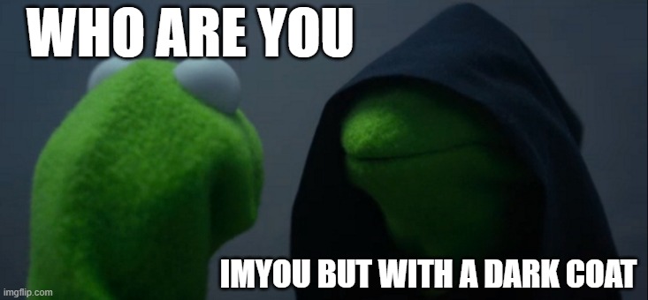 F | WHO ARE YOU; IMYOU BUT WITH A DARK COAT | image tagged in memes,evil kermit | made w/ Imgflip meme maker