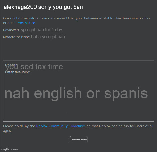 Roblox Ban | alexhaga200 sorry you got ban; ypu got ban for 1 day; haha you got ban; you sed tax time; nah english or spanis; alexhaga200 day1 ban | image tagged in roblox ban | made w/ Imgflip meme maker