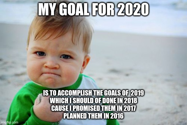 Success Kid Original | MY GOAL FOR 2020; IS TO ACCOMPLISH THE GOALS OF  2019
WHICH I SHOULD OF DONE IN 2018
CAUSE I PROMISED THEM IN 2017
PLANNED THEM IN 2016 | image tagged in memes,success kid original | made w/ Imgflip meme maker