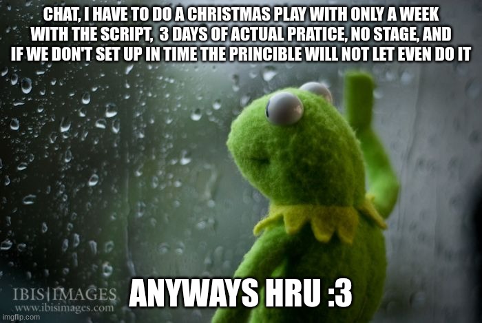 :3 (Kill me) | CHAT, I HAVE TO DO A CHRISTMAS PLAY WITH ONLY A WEEK WITH THE SCRIPT,  3 DAYS OF ACTUAL PRATICE, NO STAGE, AND IF WE DON'T SET UP IN TIME THE PRINCIBLE WILL NOT LET EVEN DO IT; ANYWAYS HRU :3 | image tagged in kermit window | made w/ Imgflip meme maker