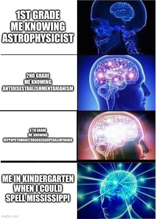 How to be the class god | 1ST GRADE ME KNOWING ASTROPHYSICIST; 2ND GRADE ME KNOWING ANTIDISESTABLISHMENTARIANISM; 4 TH GRADE ME KNOWING HIPPOPOTOMONSTROSOSESQUIPEDALIOPHOBIA; ME IN KINDERGARTEN WHEN I COULD SPELL MISSISSIPPI | image tagged in memes,expanding brain | made w/ Imgflip meme maker