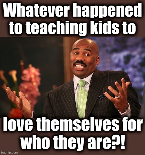 Whatever happened
to teaching kids to love themselves for
who they are?! | image tagged in memes,steve harvey | made w/ Imgflip meme maker