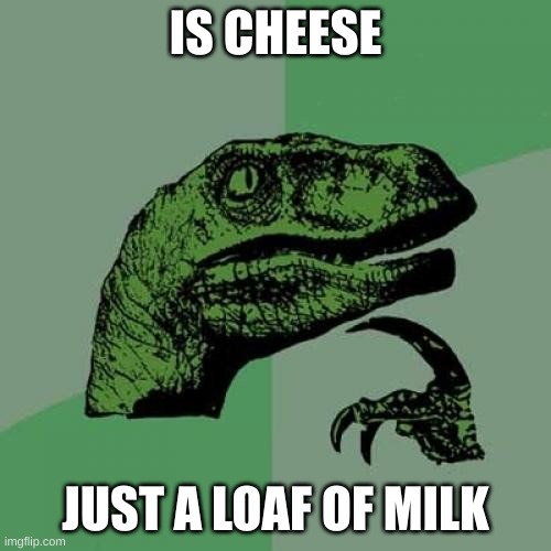 Philosoraptor | IS CHEESE; JUST A LOAF OF MILK | image tagged in memes,philosoraptor | made w/ Imgflip meme maker