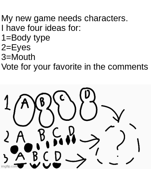 Name: Hot Potatoes. (I am going for cute and derpy) | My new game needs characters.
I have four ideas for:
1=Body type
2=Eyes
3=Mouth
Vote for your favorite in the comments | image tagged in drawing,video games | made w/ Imgflip meme maker