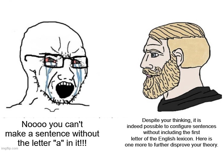Will I finish finals or will finals finish me?? (I have exams TwT) | Noooo you can't make a sentence without the letter "a" in it!!! Despite your thinking, it is indeed possible to configure sentences without including the first letter of the English lexicon. Here is one more to further disprove your theory. | image tagged in shitpost,smort,english | made w/ Imgflip meme maker
