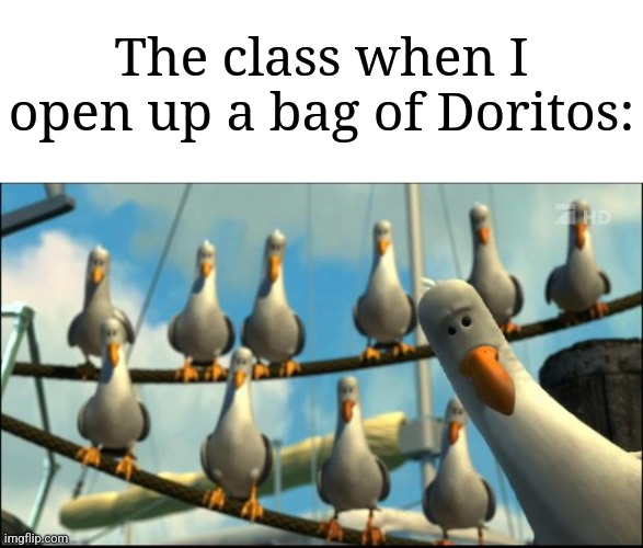 So true asf | The class when I open up a bag of Doritos: | image tagged in nemo seagulls mine,memes,funny,school | made w/ Imgflip meme maker