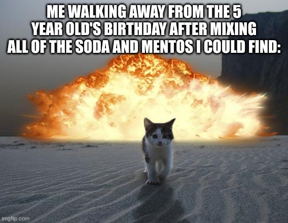 KABLOOWEY!! | ME WALKING AWAY FROM THE 5 YEAR OLD'S BIRTHDAY AFTER MIXING ALL OF THE SODA AND MENTOS I COULD FIND: | image tagged in cat explosion,memes | made w/ Imgflip meme maker