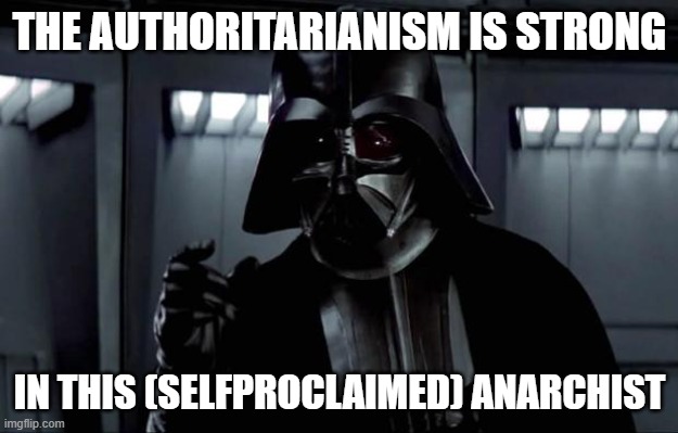 THE AUTHORITARIANISM IS STRONG IN THIS (SELFPROCLAIMED) ANARCHIST | image tagged in darth vader | made w/ Imgflip meme maker