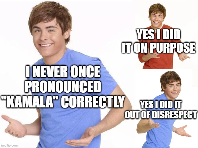 Zac Efron | YES I DID IT ON PURPOSE; I NEVER ONCE PRONOUNCED "KAMALA" CORRECTLY; YES I DID IT OUT OF DISRESPECT | image tagged in zac efron | made w/ Imgflip meme maker