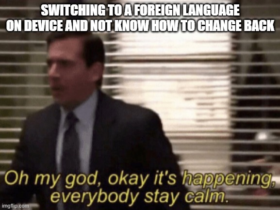 Oh my god, okeay it's happenning, everybody stay calm. | SWITCHING TO A FOREIGN LANGUAGE ON DEVICE AND NOT KNOW HOW TO CHANGE BACK | image tagged in oh my god okeay it's happenning everybody stay calm | made w/ Imgflip meme maker