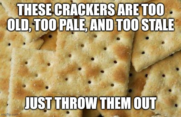 Crackers | THESE CRACKERS ARE TOO OLD, TOO PALE, AND TOO STALE JUST THROW THEM OUT | image tagged in crackers | made w/ Imgflip meme maker