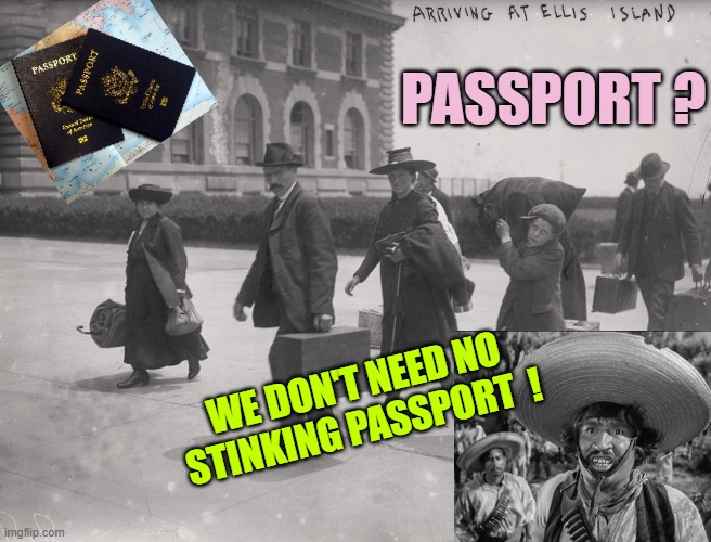 Ellis Island | PASSPORT ? WE DON'T NEED NO
STINKING PASSPORT  ! | image tagged in ellis island | made w/ Imgflip meme maker