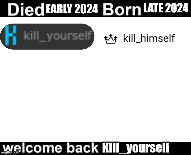 Born Died Welcome Back | EARLY 2024; LATE 2024; Kill_yourself | image tagged in born died welcome back | made w/ Imgflip meme maker