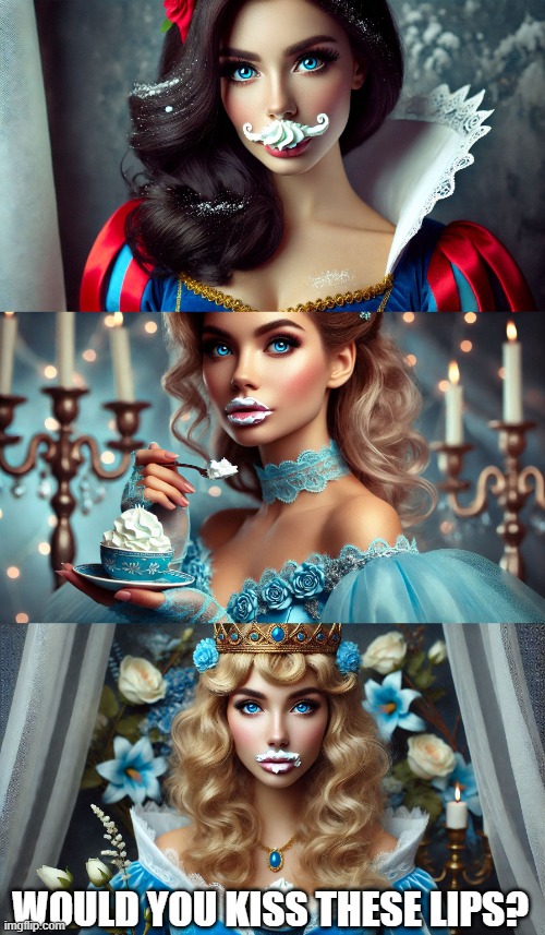 Whipped Cream Mustaches | WOULD YOU KISS THESE LIPS? | image tagged in snow white,cinderella,aurora,disney princess,whipped cream,lips | made w/ Imgflip meme maker