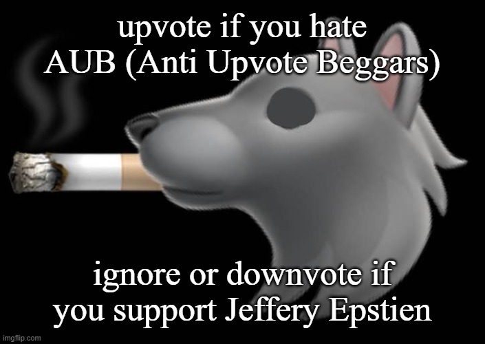 this is gonna make AUB really mad.. too bad i dont care. :3 | upvote if you hate AUB (Anti Upvote Beggars); ignore or downvote if you support Jeffery Epstien | image tagged in epic fucking wolf smoking a cigar | made w/ Imgflip meme maker