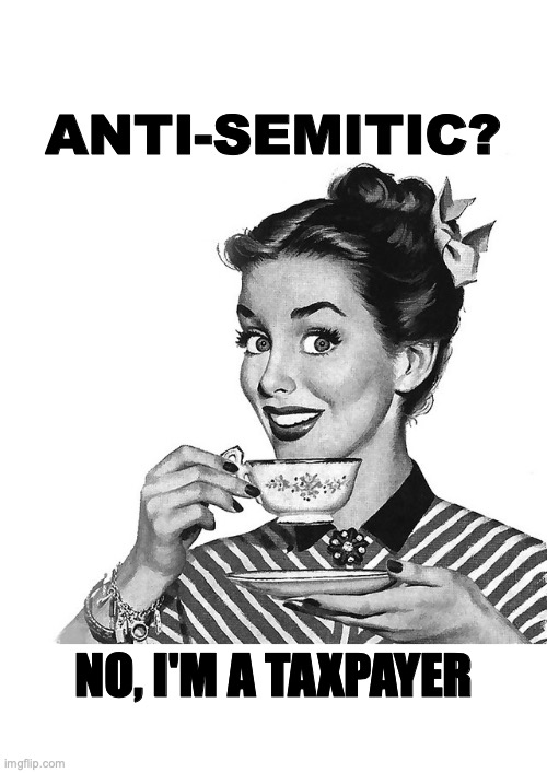 Retro woman teacup | ANTI-SEMITIC? NO, I'M A TAXPAYER | image tagged in retro woman teacup | made w/ Imgflip meme maker